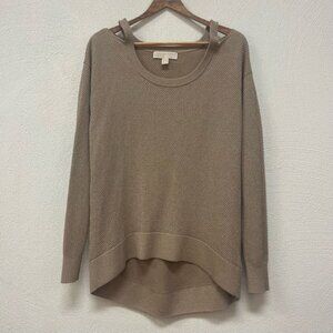 Michael Kors Sparkly Cold Shoulder Sweater Long Sleeve Hi-Low Hem Tan Sz Medium